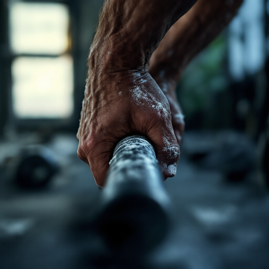 Chalked hands on barbell knurling
