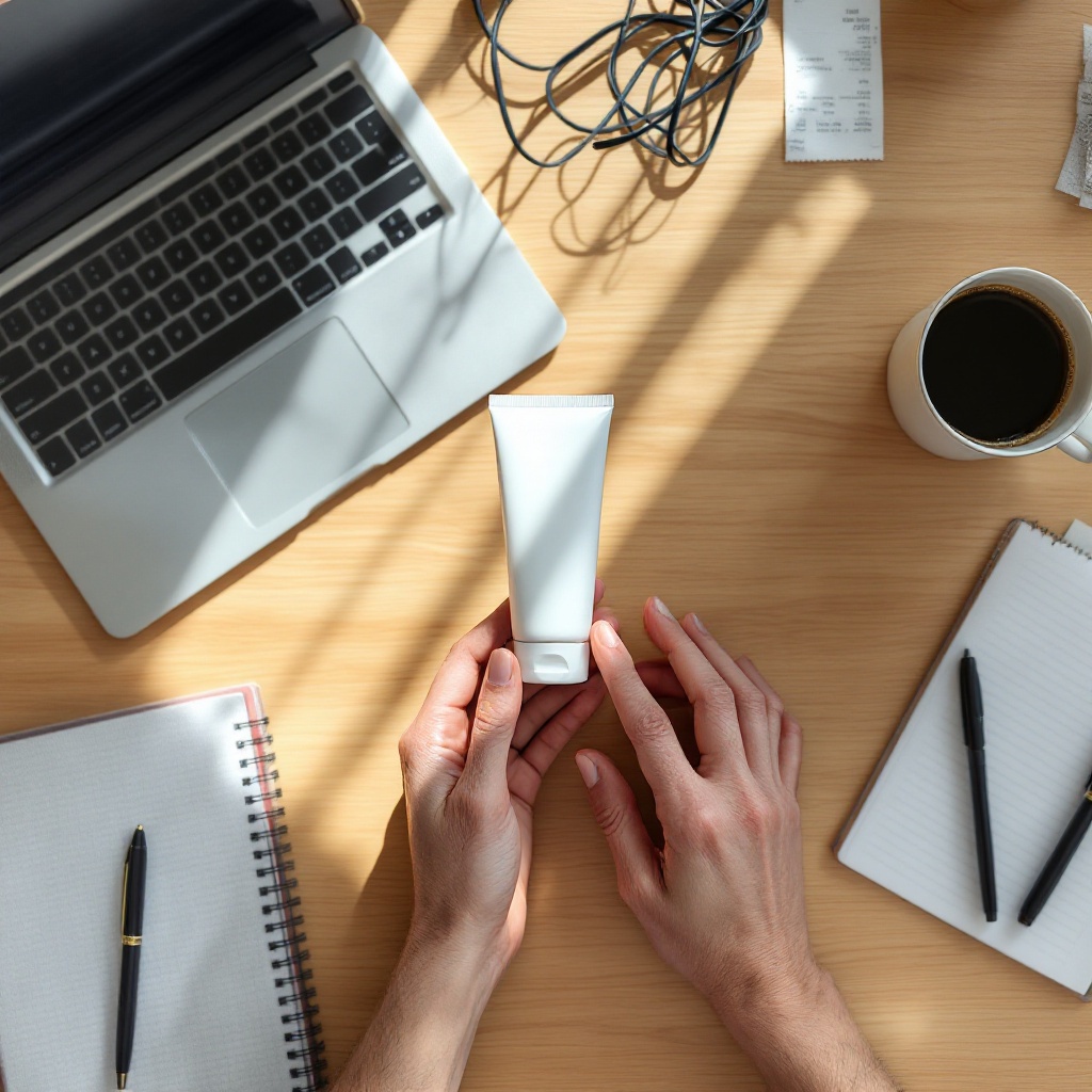 Desk flat-lay, hands entering frame